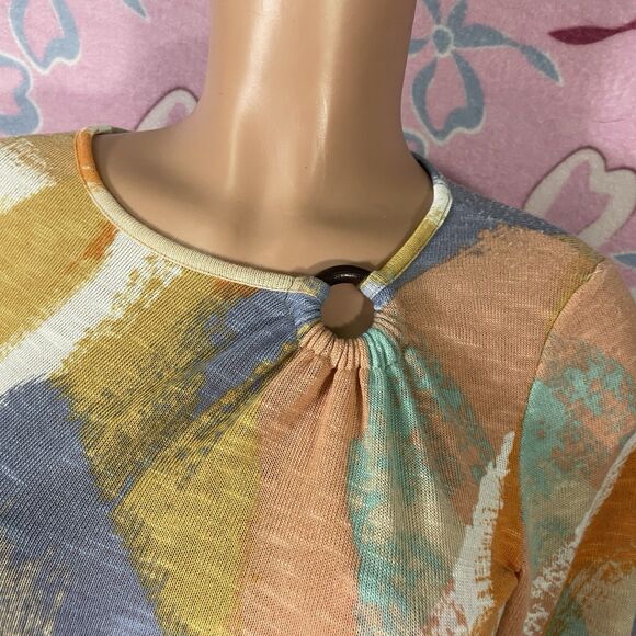 Y2k Figueroa & Flower Top Women Petite Medium Multicolor Abstract 3/4 Sleeve - Picture 2 of 4